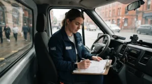 A courier using an ergonomic lumbar support cushion for car seat in a commercial delivery van