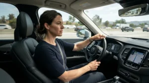 A driver using a lumbar support cushion for car seat during a busy morning motorway commute