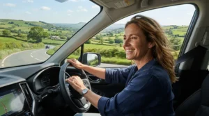 Enjoying a scenic countryside drive using a supportive lumbar support cushion for car seat