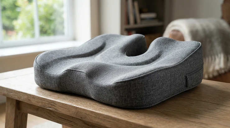 An ergonomic memory foam car seat cushion showing its contour and breathable fabric