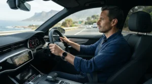 A driver using a memory foam car seat cushion during a long road trip on a motorway