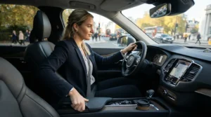 A commuter using a memory foam car seat cushion to help alleviate sciatica while driving