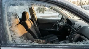 A memory foam car seat cushion fitted in a car on a frosty winter morning
