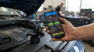 Smartphone displaying diagnostics via a wireless OBD2 scanner for beginners