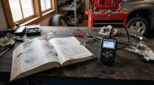 Reference guide and an OBD2 scanner for beginners set up for a diagnostic check