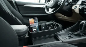 Slimline car seat gap filler installed seamlessly in a compact hatchback vehicle interior