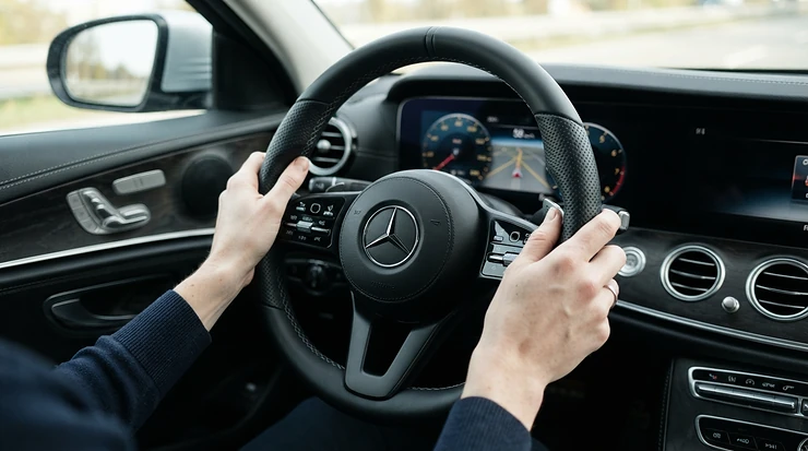 A person with smaller hands enjoying a secure grip on a steering wheel cover for car during a daily commute