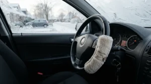 Warm steering wheel cover for car fitted on a frosty morning to improve seasonal driving comfort