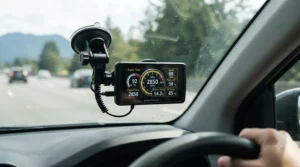 Touchscreen performance monitor for car mounted on a windscreen