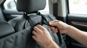 Demonstration of adjustable universal car seat covers fitting securely on various seat shapes