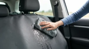 Wiping down wipe-clean universal car seat covers after a muddy weekend road trip
