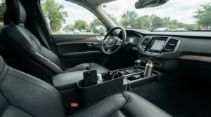 Universal fit car seat gap filler installed in a spacious family SUV front console area