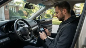 A motorist using an OBD2 scanner for beginners on their car parked on a home driveway