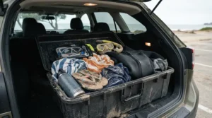 A waterproof boot organiser for car protecting a vehicle interior from damp items