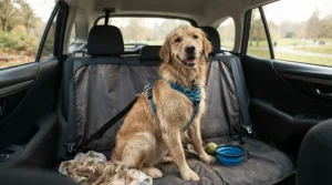 A golden retriever sitting comfortably on waterproof car seat covers in the back of a family hatchback after a muddy walk