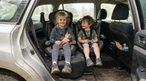 Children with muddy wellington boots resting feet on secure waterproof car seat covers