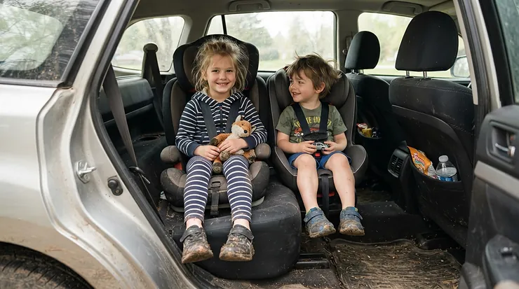 Children with muddy wellington boots resting feet on secure waterproof car seat covers