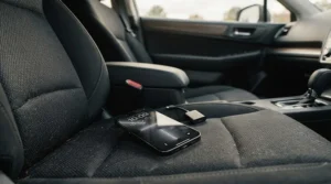 Wireless bluetooth OBD2 scanner resting on a car seat next to a smartphone showing diagnostic data