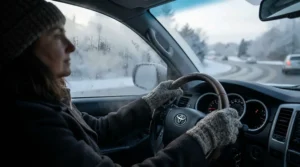Driver hands resting on a heated steering wheel cover featured in a leather steering wheel cover review