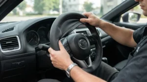 Close-up of hands installing a leather steering wheel cover review setup on a car's steering wheel