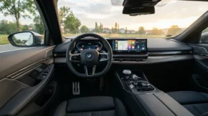 A leather steering wheel cover review highlighting a sleek interior upgrade on a parked sedan