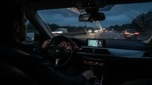 Dashboard view during a leather steering wheel cover review test on a rainy evening drive