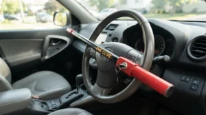 A steering wheel lock for car security fitted inside a compact family hatchback during an overcast afternoon