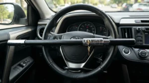 A high-visibility steering wheel lock for car security resting across a leather-wrapped steering wheel