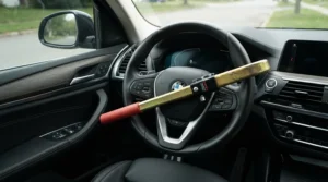 A heavy-duty steering wheel lock for car security used to prevent relay theft of a modern keyless vehicle