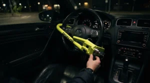 Streetlight illuminating a steering wheel lock for car security inside a parked vehicle after dark