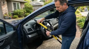 A driver locking a steering wheel lock for car security before leaving their parked vehicle on a suburban driveway