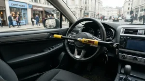 A steering wheel lock for car security installed in a hatchback parked on a busy city street