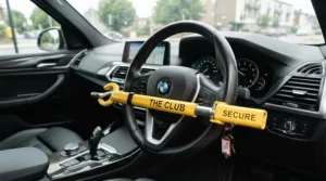 A yellow steering wheel locks under £30 device fitted securely to a family hatchback car parked on a suburban driveway.