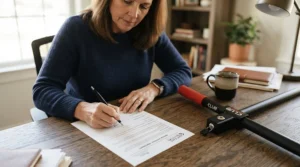 motorist filling out paperwork next to steering wheel locks under £30 to help claim an insurance discount for security devices.