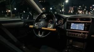 Illuminated view of steering wheel locks under £30 fitted inside a vehicle parked under streetlights at night.