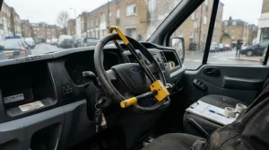 Heavy-duty steering wheel locks under £30 installed inside the cab of a commercial delivery van parked on a city street.