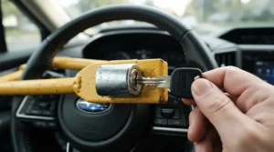 Close-up of a key turning in steering wheel locks under £30 during a quick setup before leaving the vehicle.